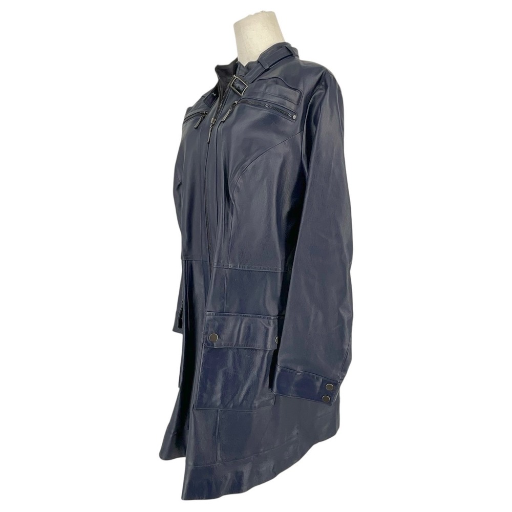 Jessica London Navy Blue Leather Car Coat Jacket Womens Sz‎ 16 Full Zip Buckle - Picture 3 of 9